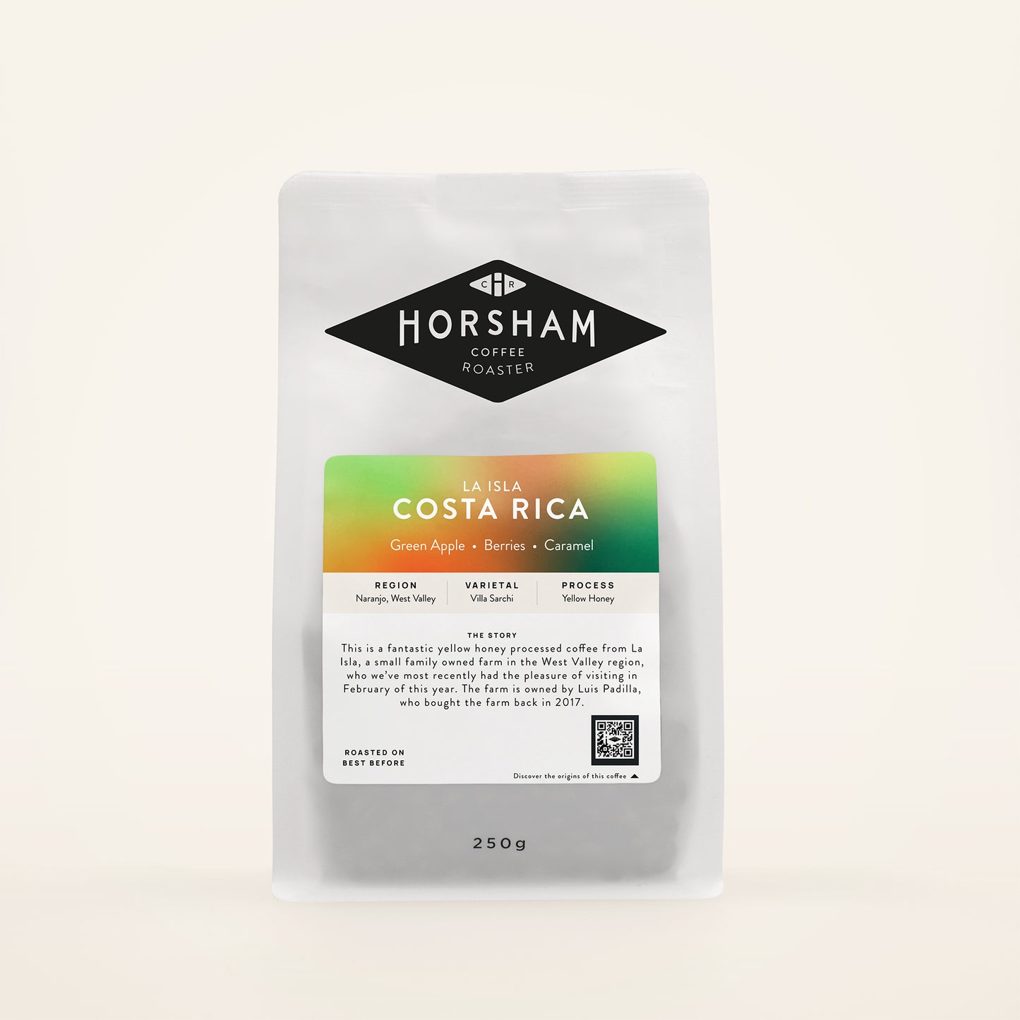 Packaged coffee labeled 'La Isla Costa Rica' by Horsham Coffee Roaster, showing the brand logo, product name, and additional details on the packaging.