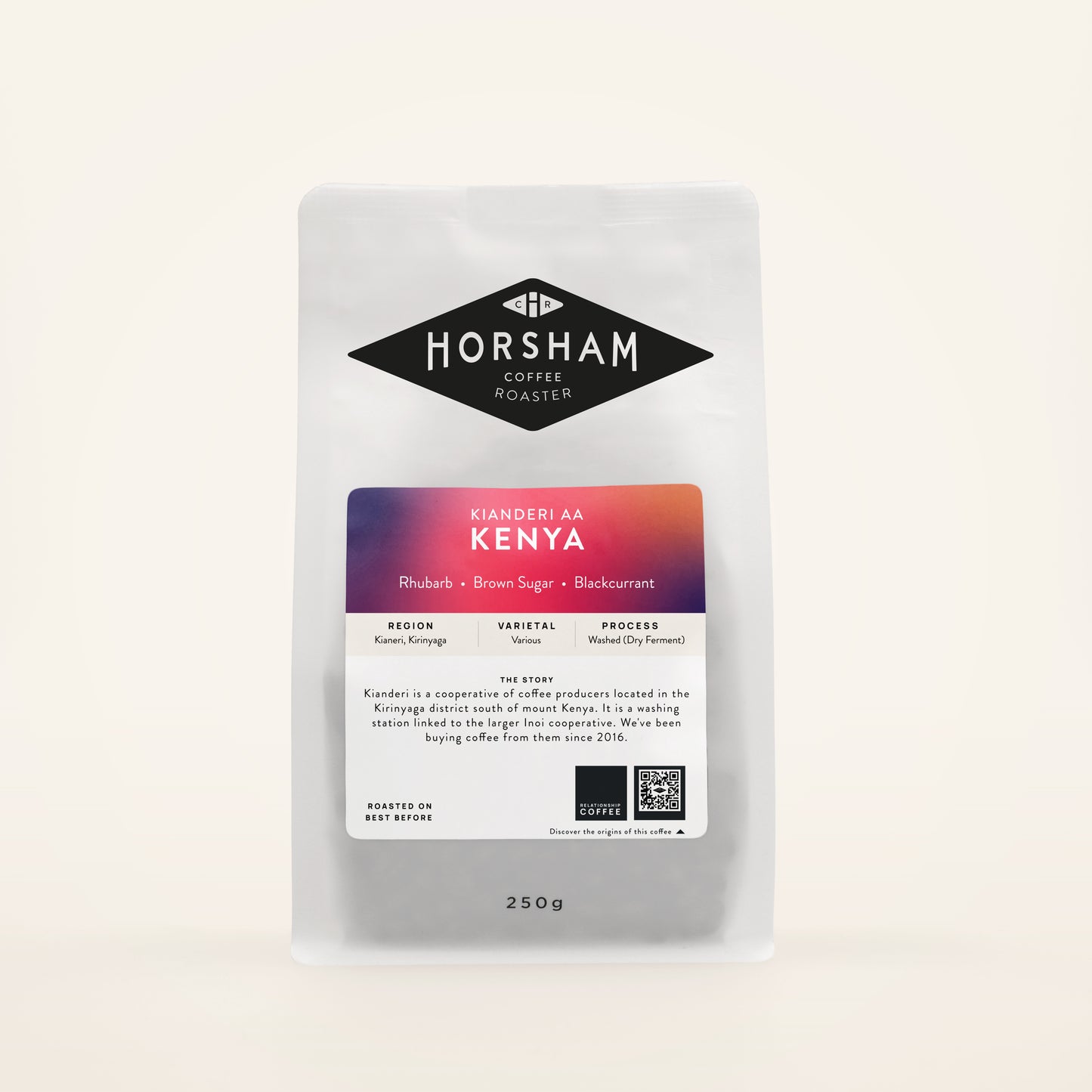 Packaged coffee labeled 'Kianderi AA Kenya' from Horsham Coffee Roaster, showing the brand logo, product name, and additional flavor notes such as blackcurrant, brown sugar, and rhubarb.