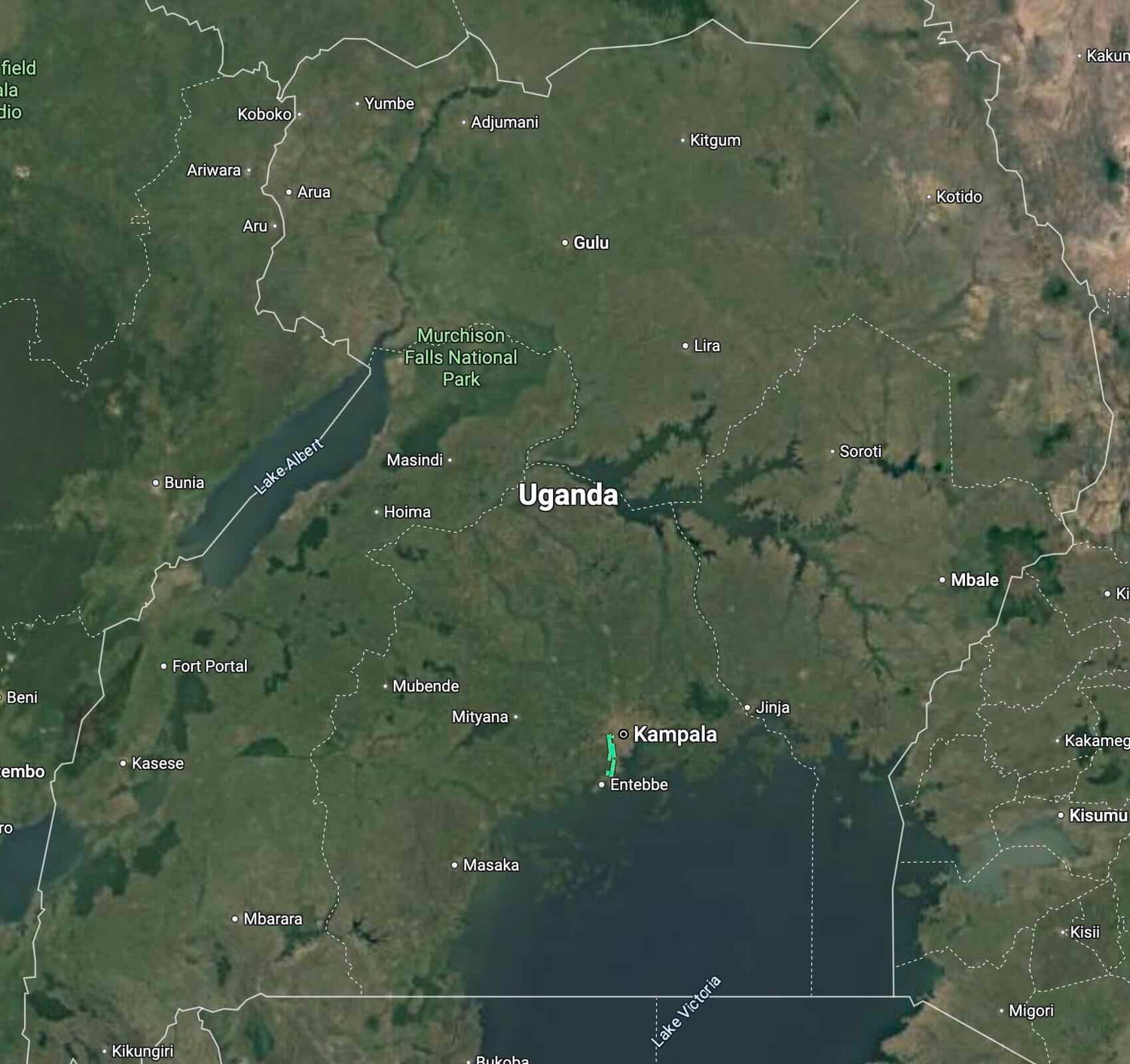 Satellite map of Uganda showing major cities and landmarks.