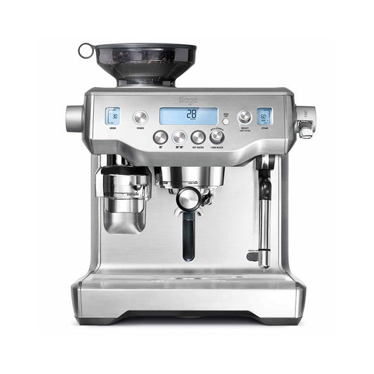Sage The Oracle BES980 espresso machine in brushed stainless steel, front view