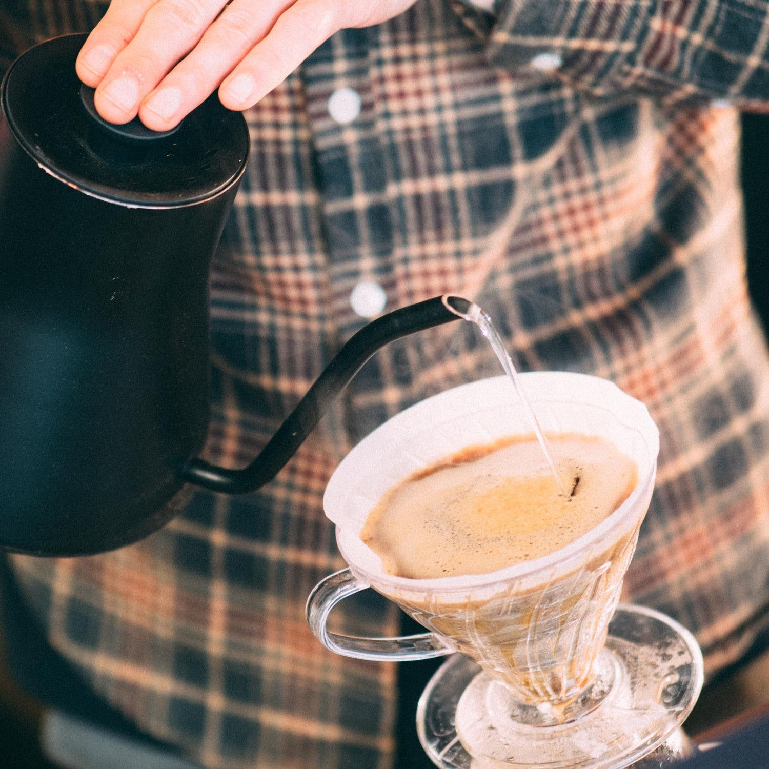 Light roast coffee being brewed using a V60 pour over