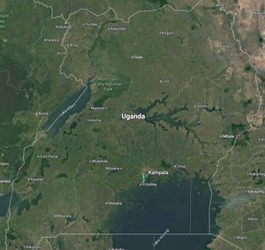 Satellite map of Uganda showing major cities and landmarks.