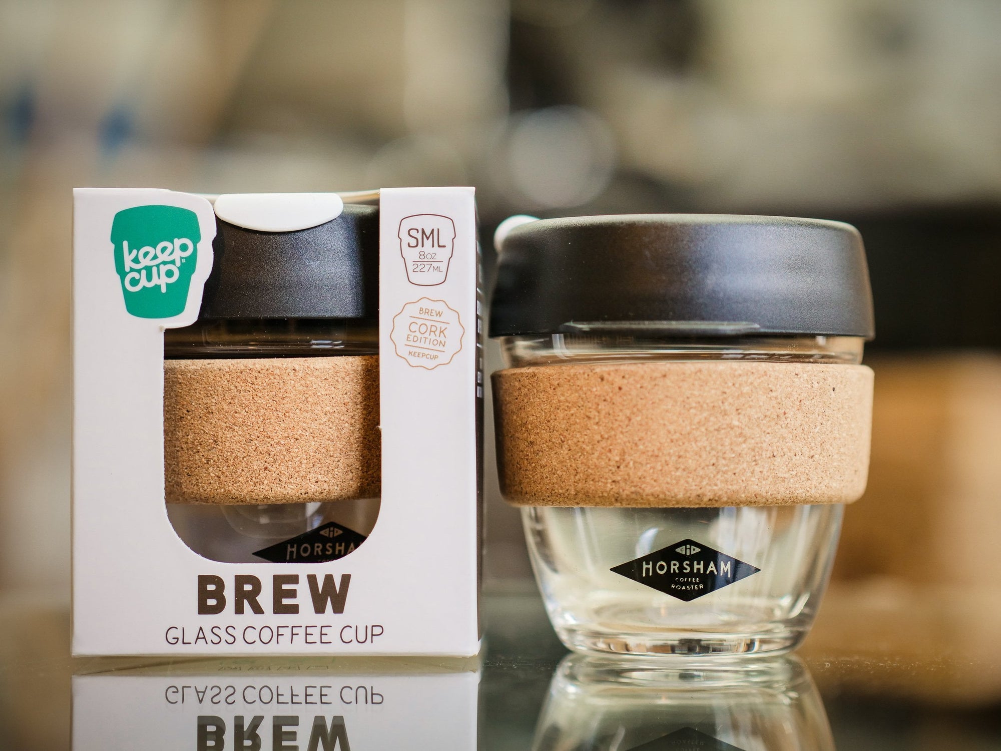Keepcup 8oz glass cork - Horsham Coffee Roaster branded - Horsham Coffee Roaster